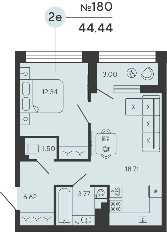 2 ккв (Евро) 44,4 м²