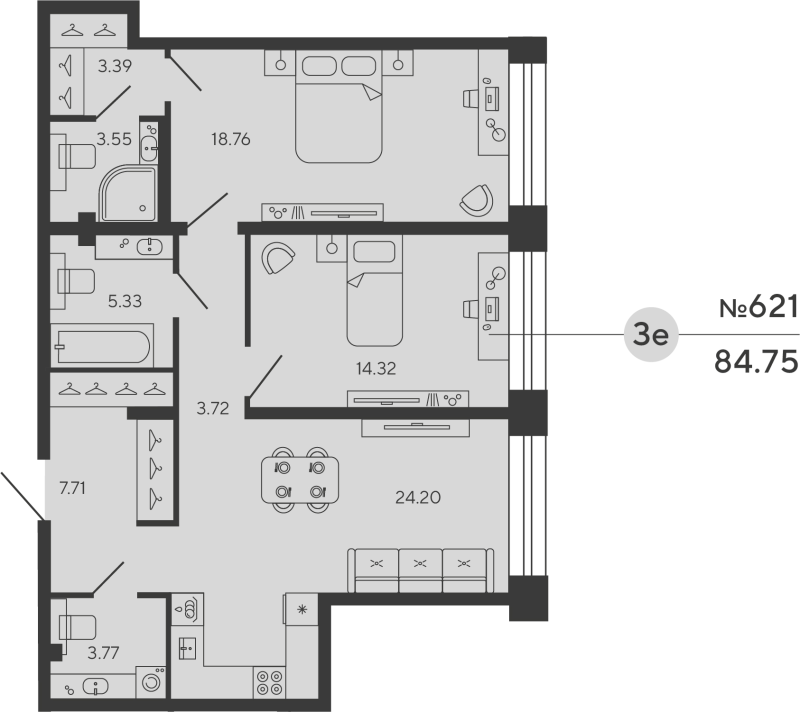 3 ккв (Евро) 84,8 м²