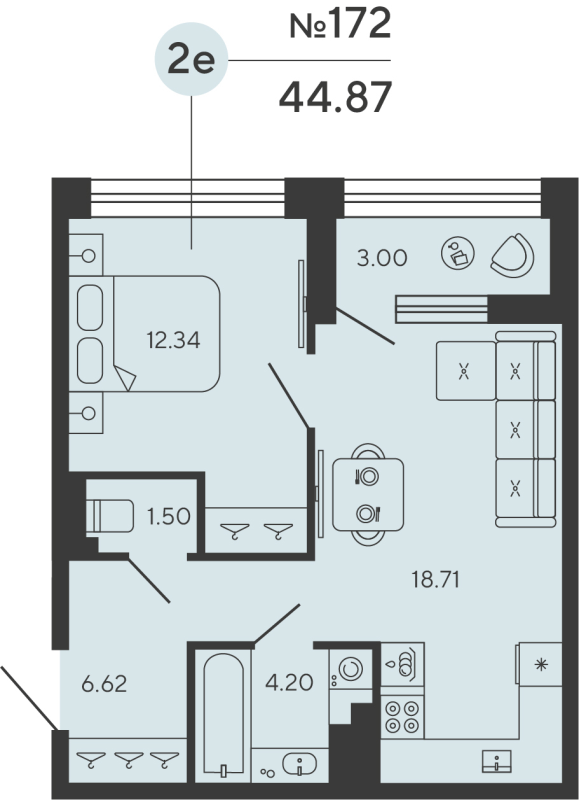 2 ккв (Евро) 44,9 м²
