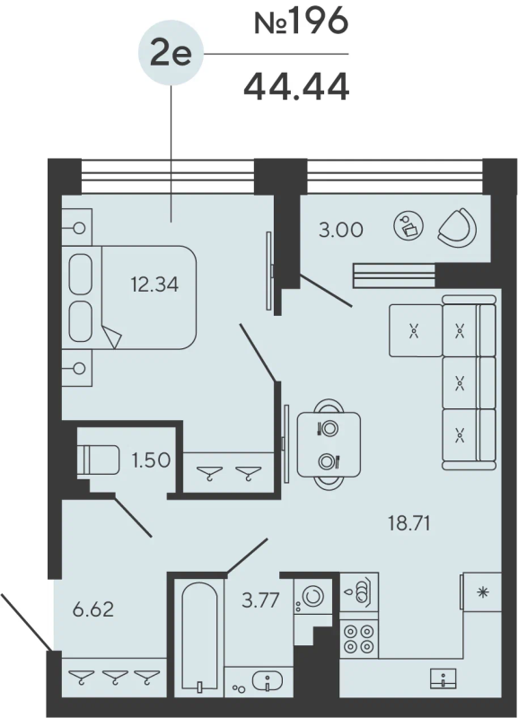 2 ккв (Евро) 44,4 м²