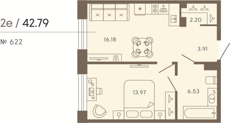 2 ккв (Евро) 42,8 м²