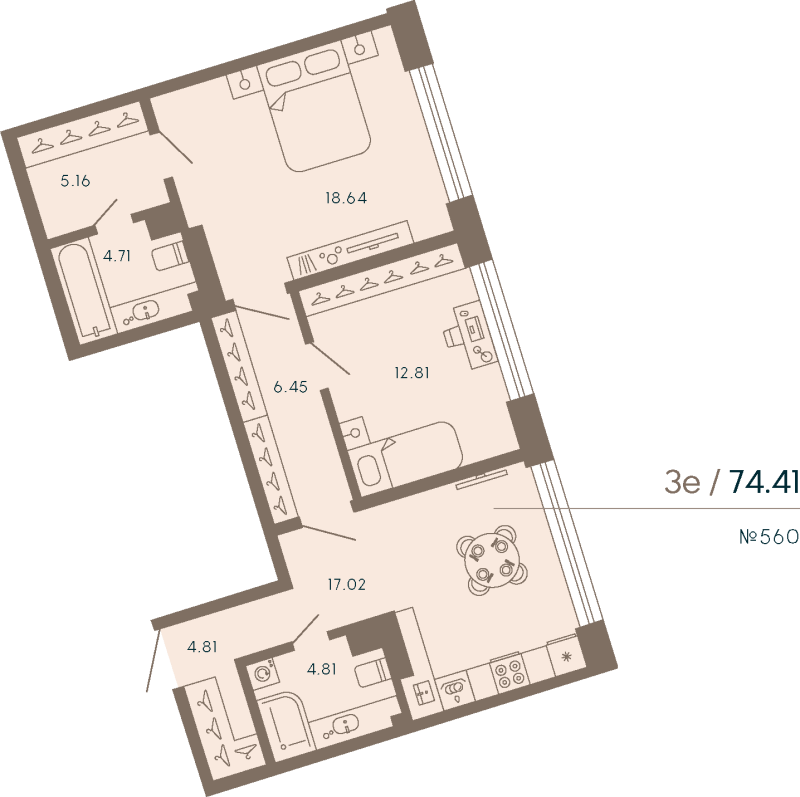 3 ккв (Евро) 74,4 м²