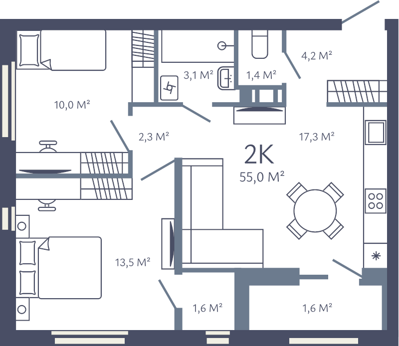 3 ккв (Евро) 55 м²