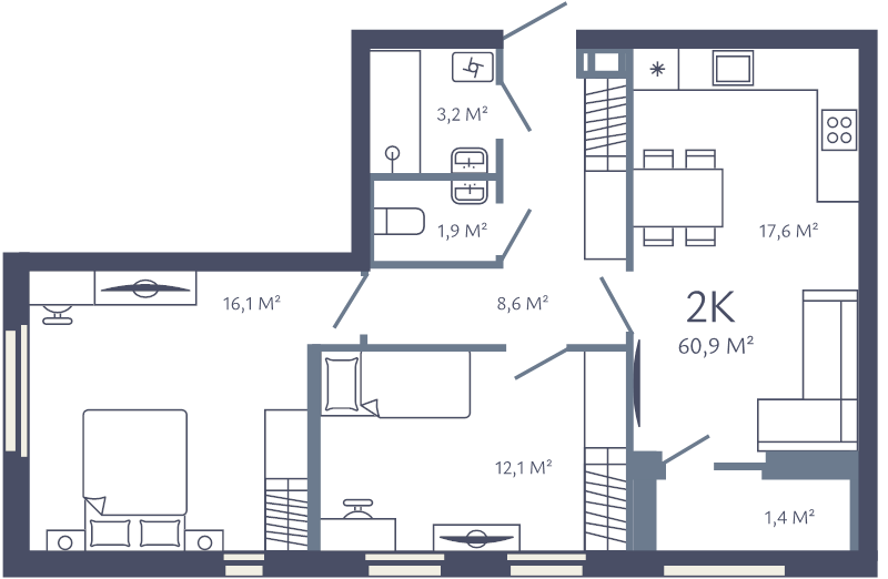 3 ккв (Евро) 60,9 м²