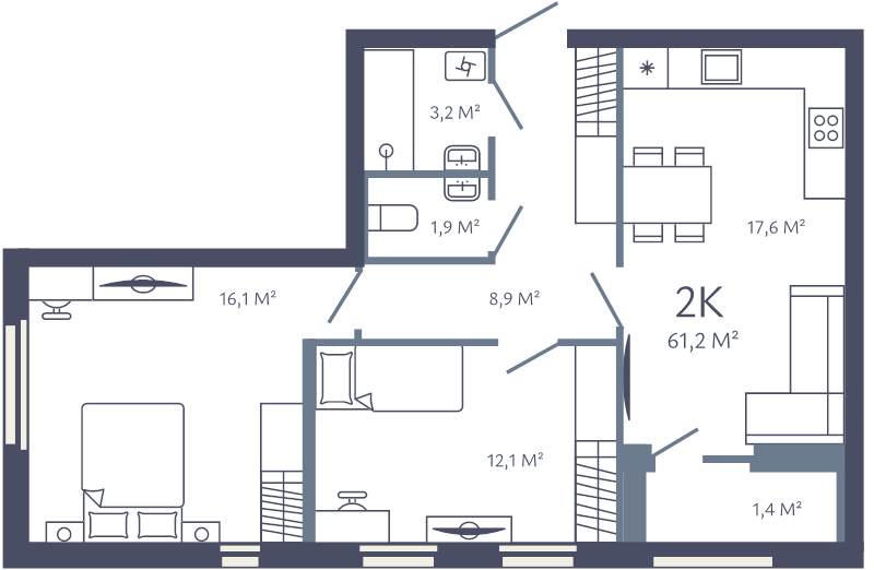3 ккв (Евро) 61,2 м²