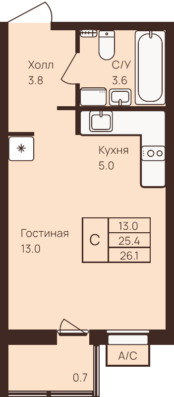 Студия 26,1 м²