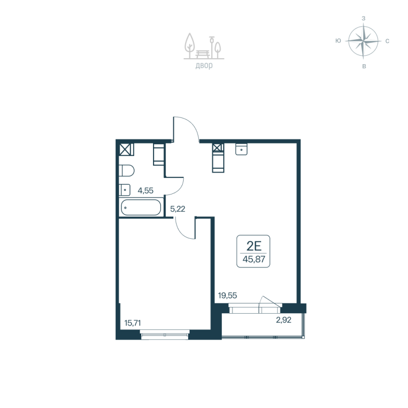 2 ккв (Евро) 45,9 м²