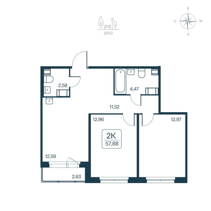 2 ккв 57,9 м²