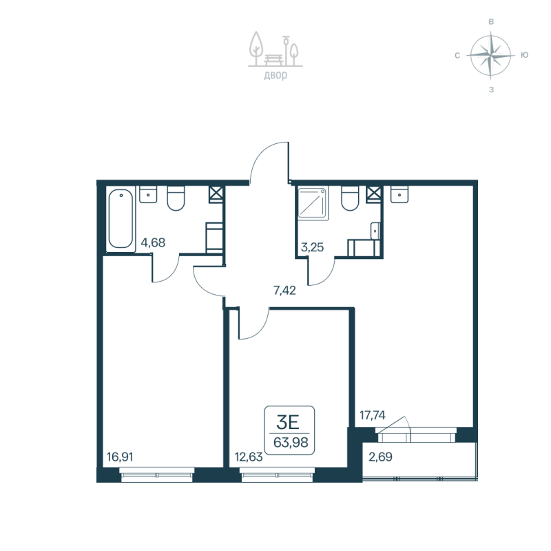 3 ккв (Евро) 64 м²