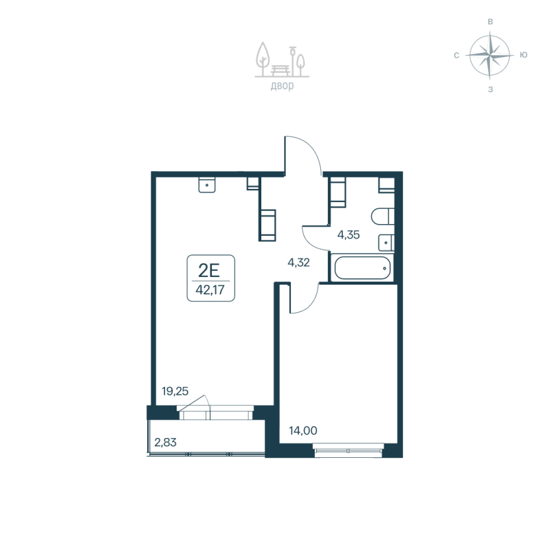 2 ккв (Евро) 42,8 м²