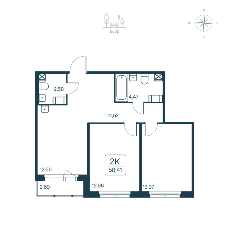 2 ккв 58,4 м²