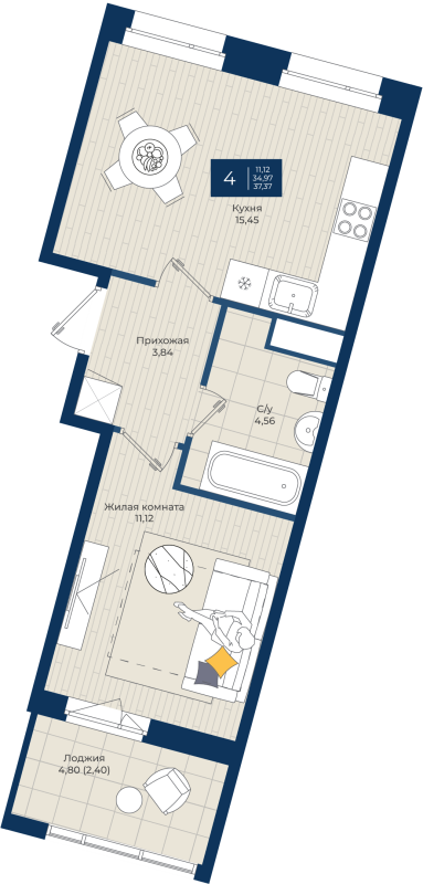 2 ккв (Евро) 37,4 м²