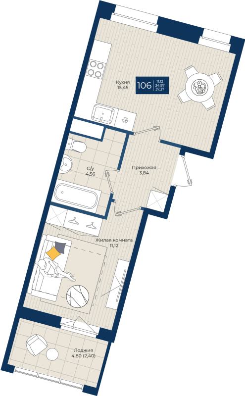2 ккв (Евро) 37,4 м²