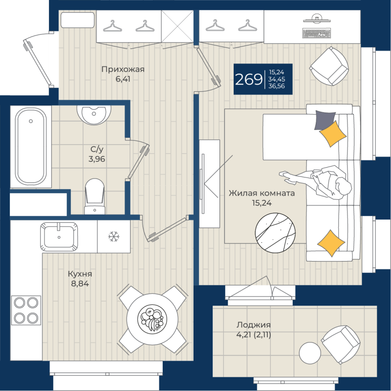 1 ккв 36,6 м²