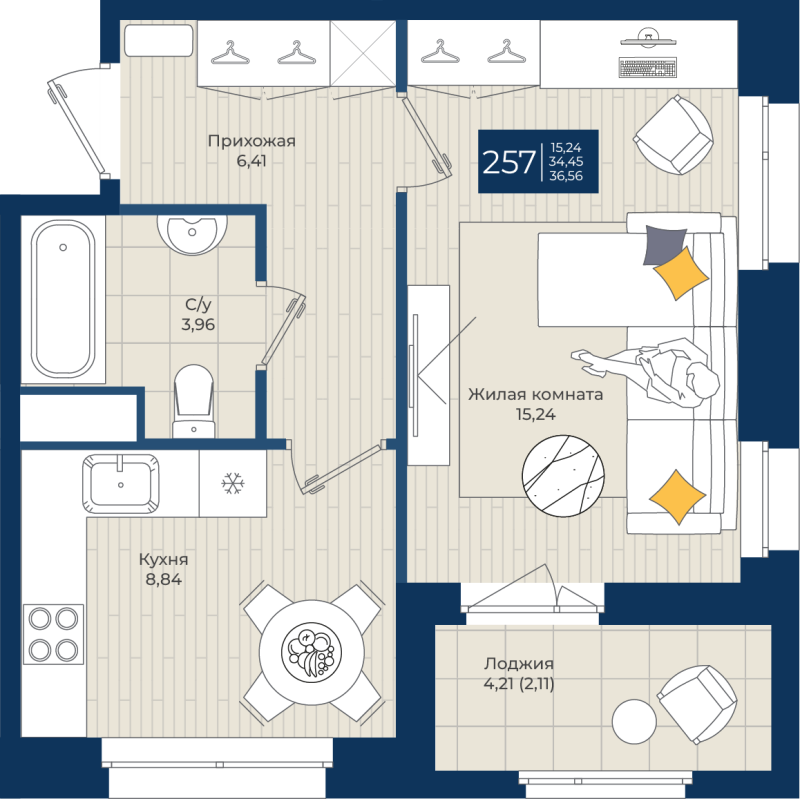 1 ккв 36,6 м²