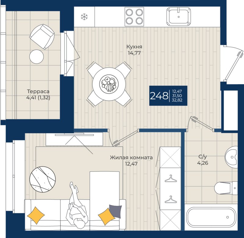 1 ккв 32,8 м²