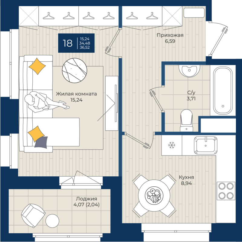 1 ккв 36,5 м²