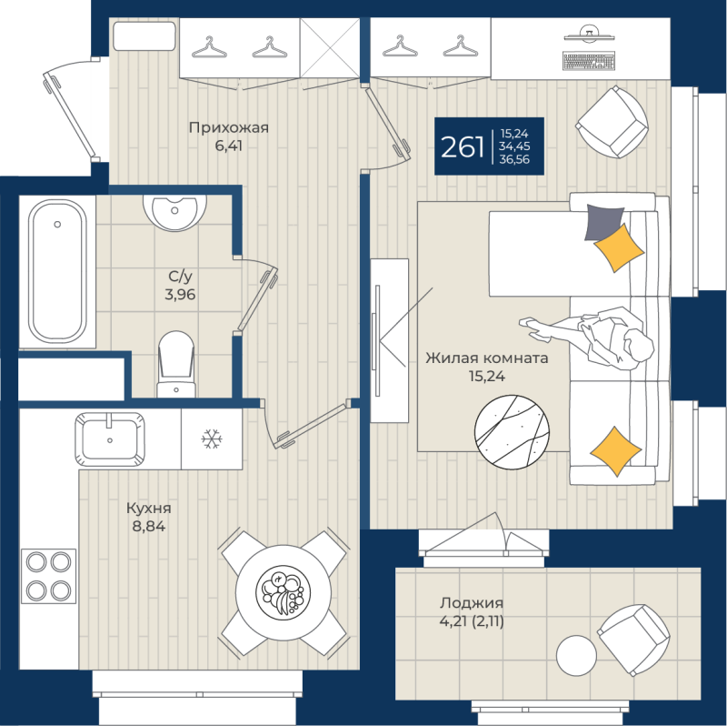 1 ккв 36,6 м²