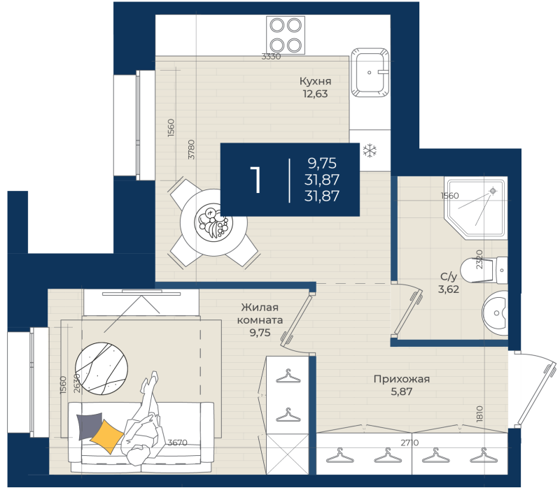 1 ккв 31,9 м²