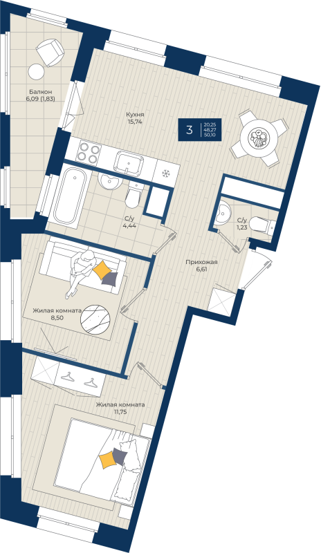 3 ккв (Евро) 50,1 м²