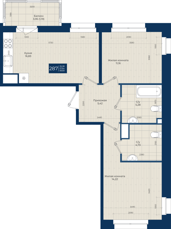 3 ккв (Евро) 58,8 м²