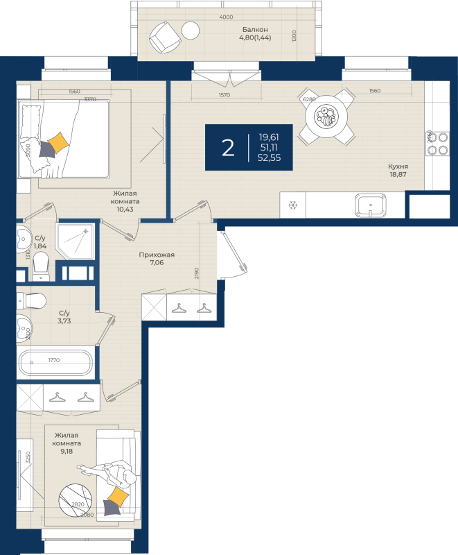 3 ккв (Евро) 52,6 м²