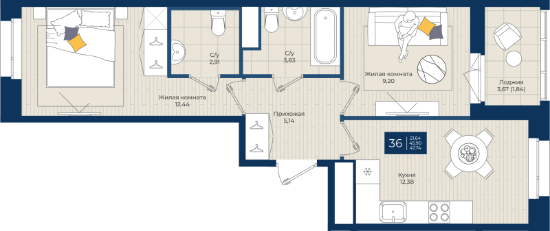 2 ккв 47,7 м²