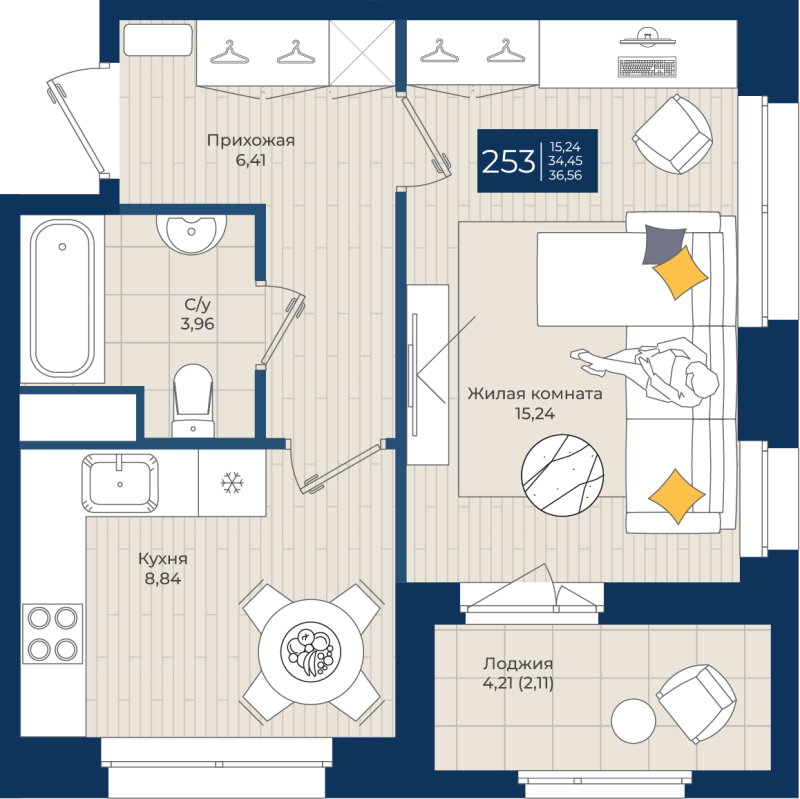 1 ккв 36,6 м²