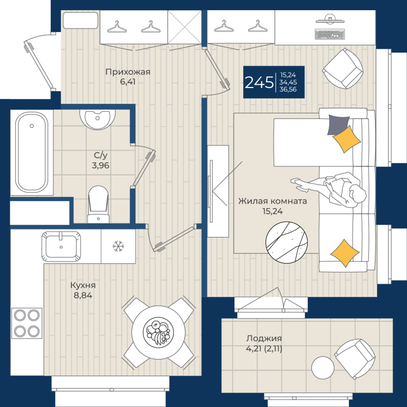 1 ккв 36,6 м²