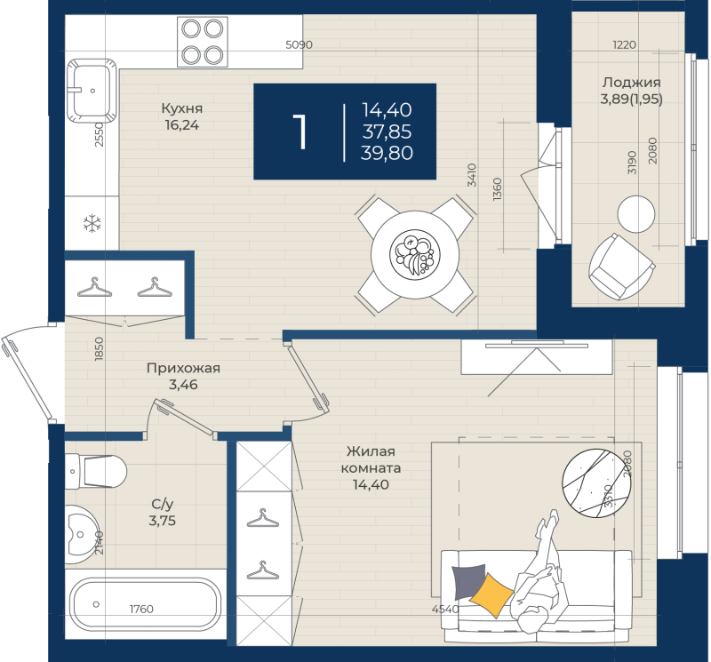 2 ккв (Евро) 39,8 м²