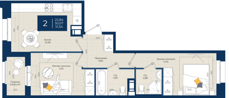 2 ккв 51,5 м²