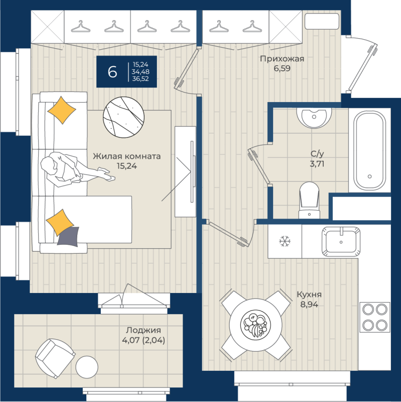 1 ккв 36,5 м²