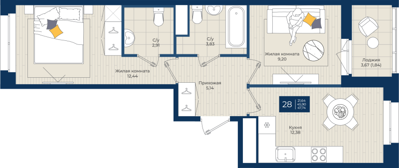 2 ккв 47,7 м²