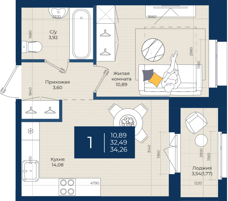 1 ккв 34,3 м²