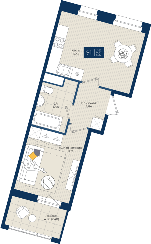 2 ккв (Евро) 37,4 м²
