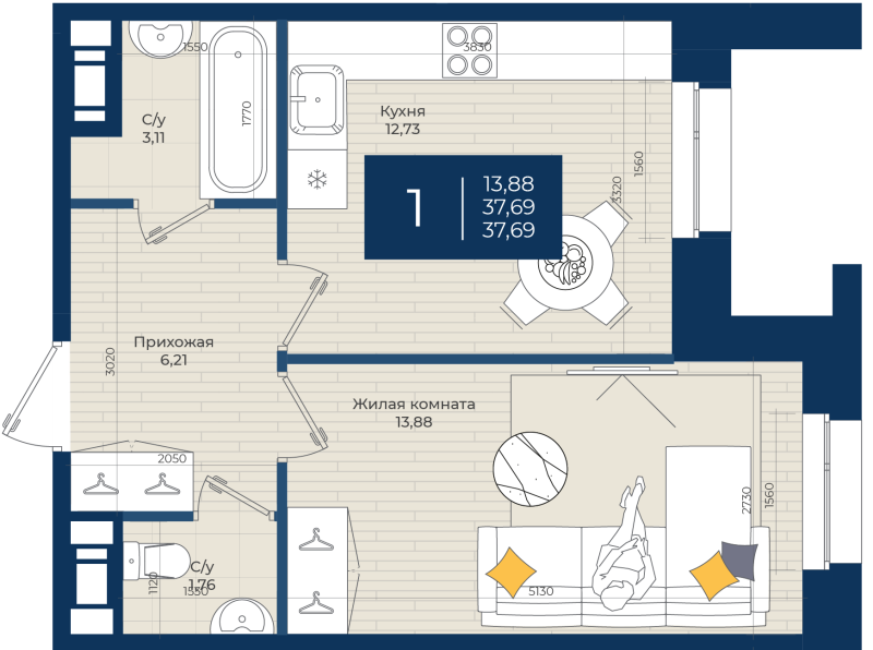 1 ккв 37,7 м²