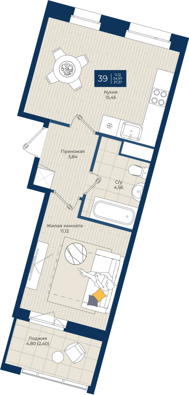 2 ккв (Евро) 37,4 м²