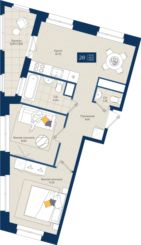 3 ккв (Евро) 50,1 м²