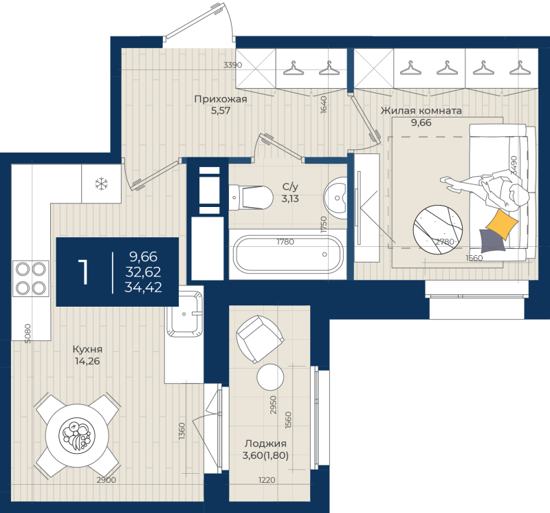1 ккв 34,4 м²