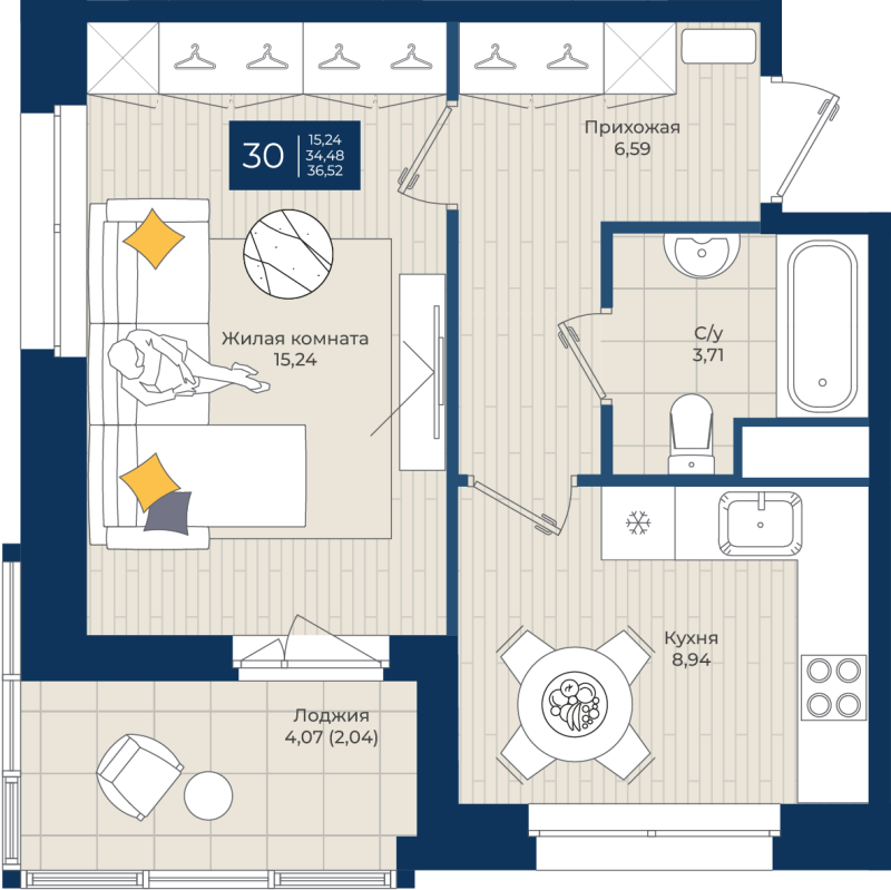 1 ккв 36,5 м²