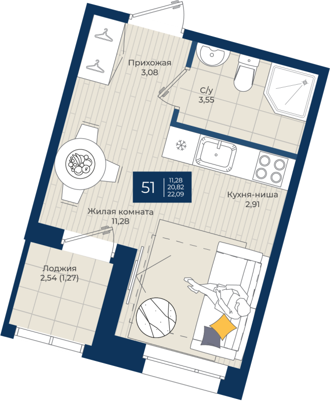 Студия 22,1 м²