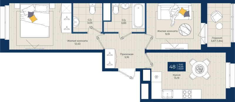 2 ккв 48,7 м²