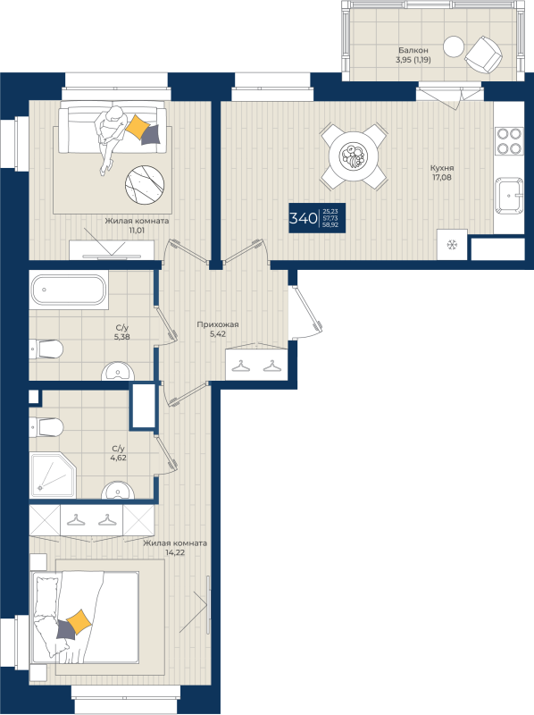 3 ккв (Евро) 58,9 м²