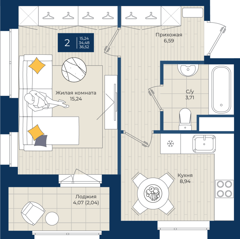 1 ккв 36,5 м²