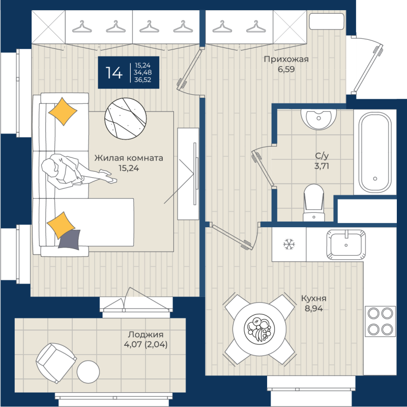 1 ккв 36,5 м²