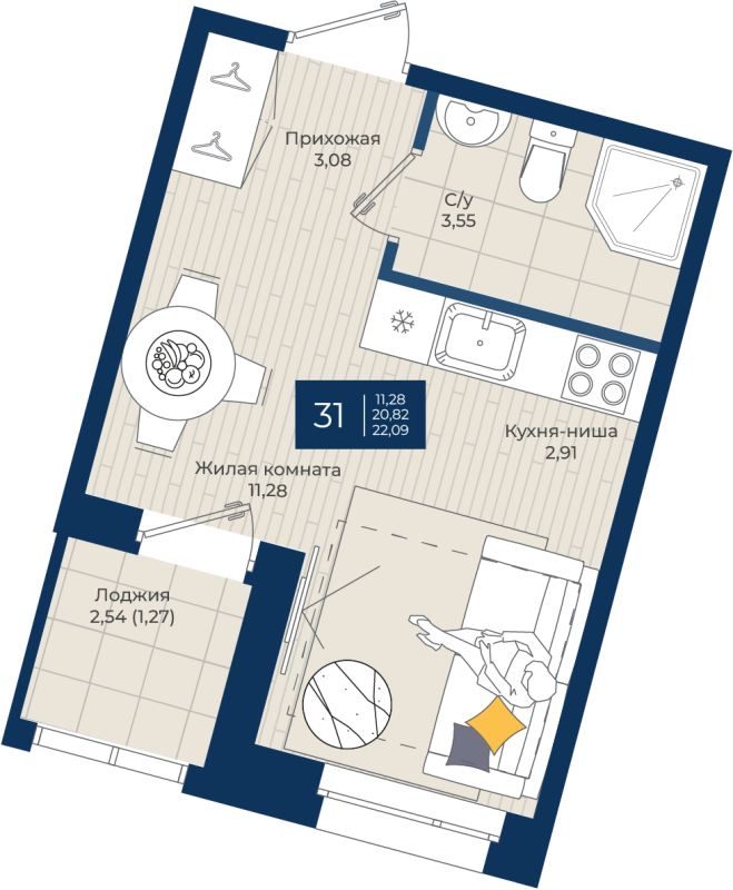 Студия 22,1 м²