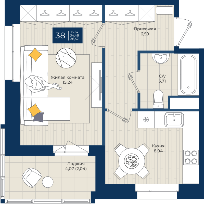 1 ккв 36,5 м²