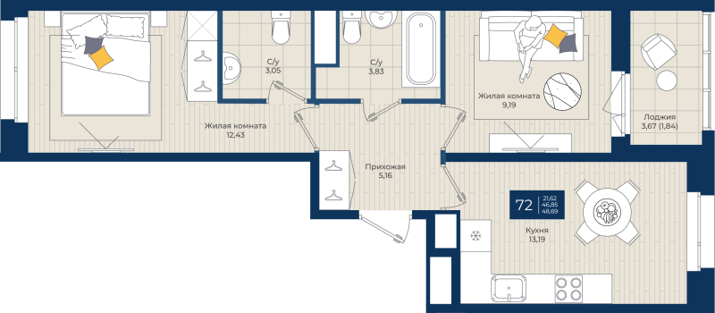2 ккв 48,7 м²