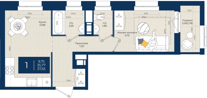 1 ккв 37,6 м²