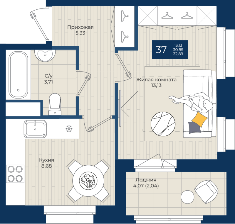 1 ккв 32,9 м²